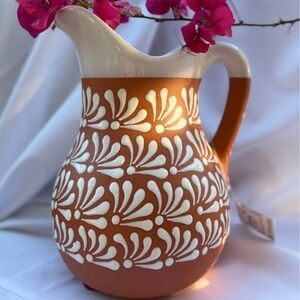 Elegant Terracotta and White Floral Pitcher
